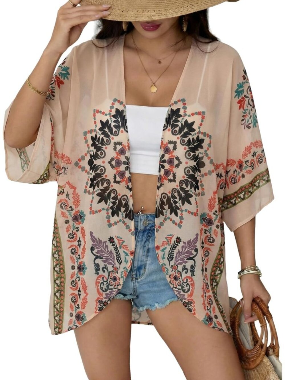 Women's Khaki Chiffon Kimono Cardigan Open Front Blouse Swimwear Cover Up